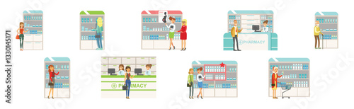People Character at Pharmacy Store Choosing And Buying Drugs Vector Set