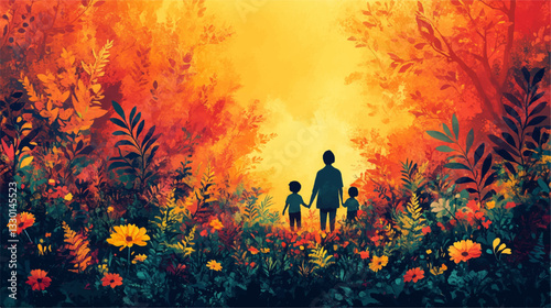 Vibrant illustration of a parent and two children walking through an autumn forest, surrounded by colorful foliage and blooming flowers, evoking warmth, nature, and family connection
