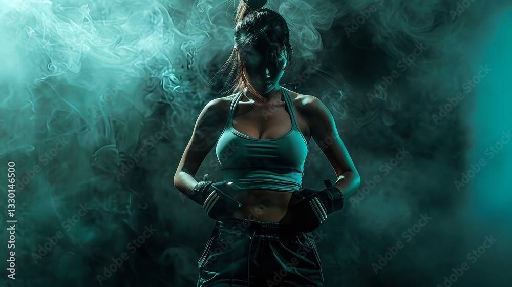 Obraz premium Powerful athletic woman surrounded by green smoke
