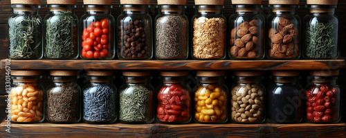 Wallpaper Mural Colorful variety of spices and herbs in glass jars on wooden shelves Torontodigital.ca