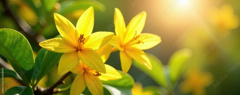 Obraz premium Sunlit yellow ylang ylang Cananga odorata flowers on tree branches, sunlight, fragrant blossoms