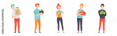 People Character with Money Cash and Bill Vector Set