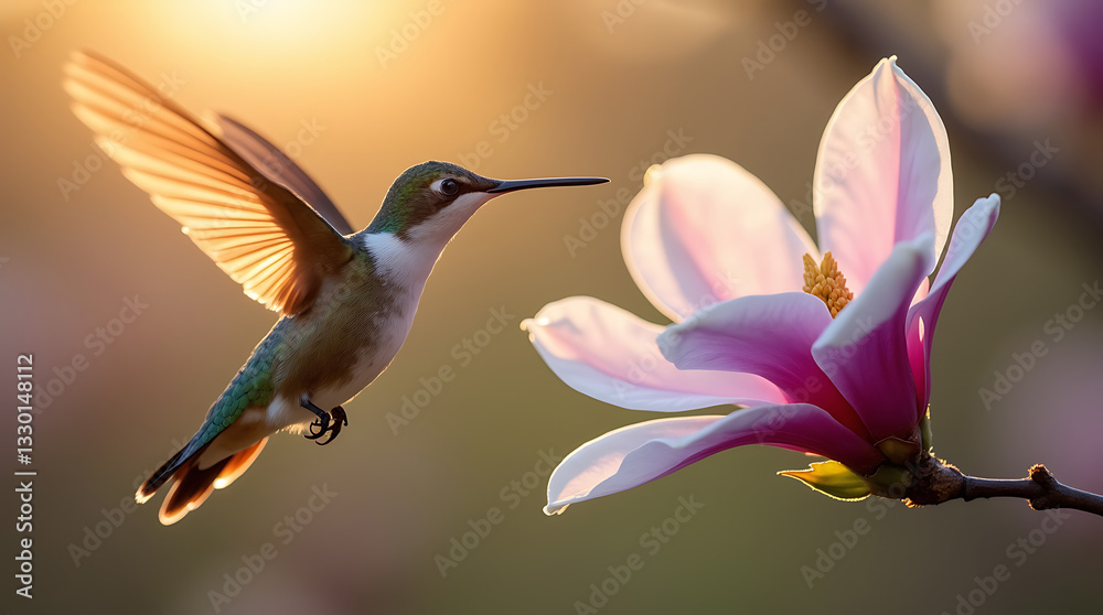 Fototapeta premium A small hummingbird hovers over a bright magnolia flower. The background is blurred.
