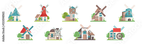 Traditional Rural Windmill with Rotating Propeller Vector Set