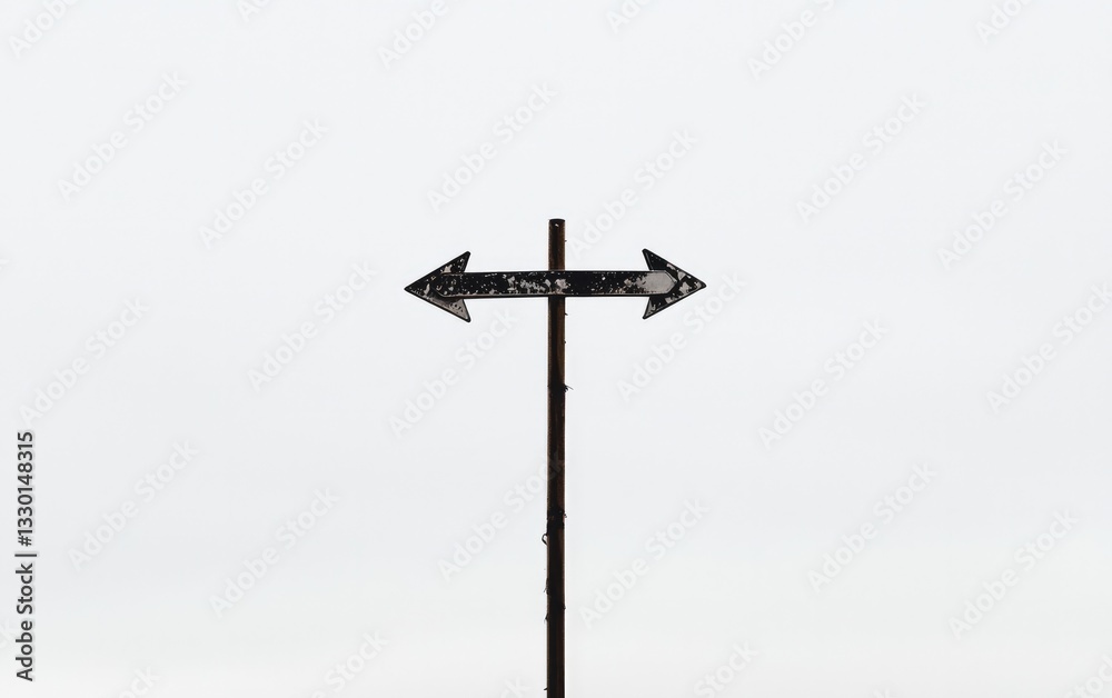 Black And White Rusty Directional Arrow Sign Against A Bright White Cloudy Sky Black And White Rusty Directional Arrow Sign Against A Bright White Cloudy Sky