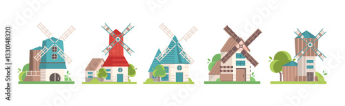Traditional Rural Windmill with Rotating Propeller Vector Set