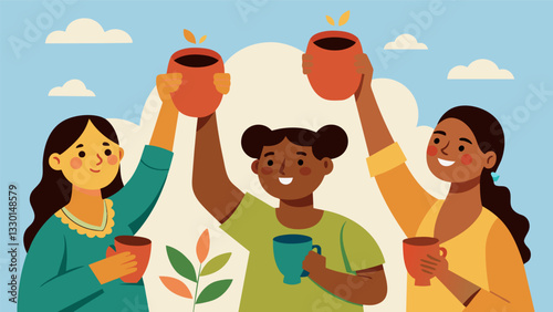 The group raises their clay cups in a toast to the beauty and complexity of Oaxacan mescal savoring each final sip.. Vector illustration