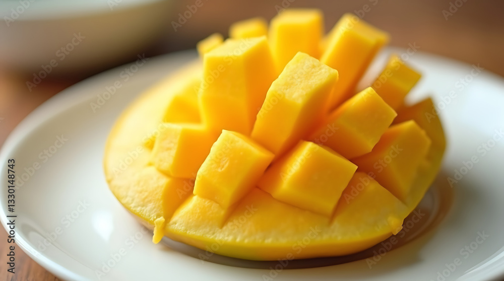Perfectly sliced mango halves with golden yellow flesh elegantly arranged on a white glossy dish, the smooth curves of the fruit catching the light. 