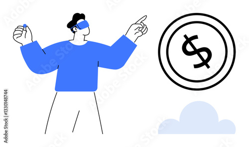 Man interacting with a large virtual coin, representing financial focus and technology. Ideal for finance, technology, innovation, virtual economy, decision-making, strategy fintech. Flat simple
