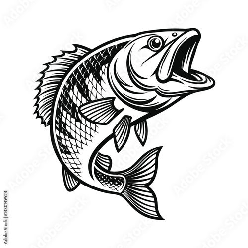 Bass fish fishing vector illustration, fishing concept design, detailed vector, hand drawn style, isolated on a white background