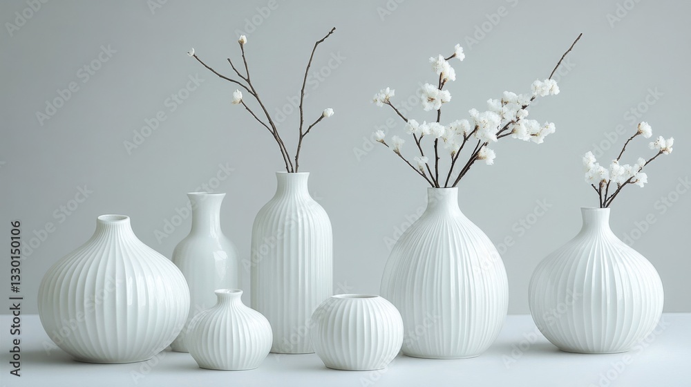 White ribbed vases with white flowering branches White ribbed vases with white flowering branches