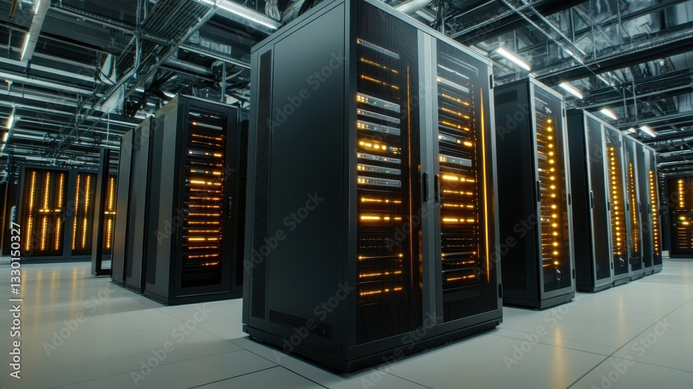 Cloud data stroage. Large data center filled with servers and illuminated components.