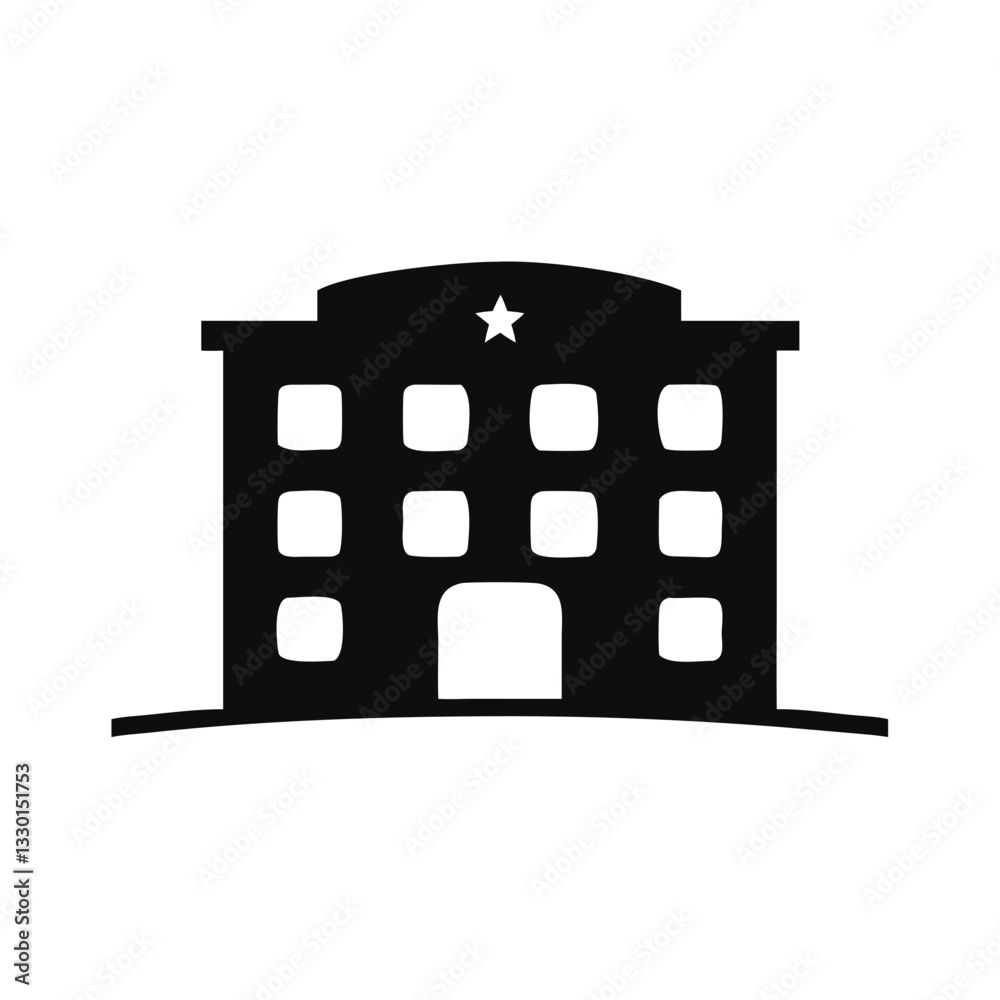 black silhouette of a hotel with a star in a minimalist style on a white background