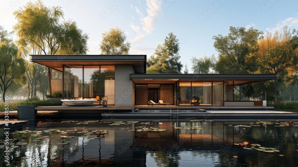 Obraz premium Beautiful contemporary villa design with modern features and lush landscaping creating a serene environment