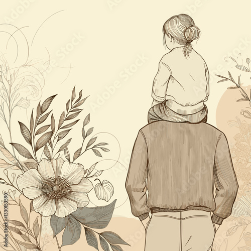 Father carrying daughter on shoulders in soft illustration with floral background, copy space