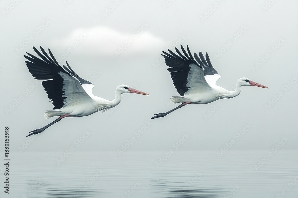 Fototapeta premium Storks Soaring Over a Serene Lake with Cloudy Skies
