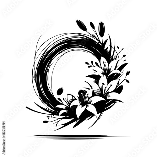 Vector black and white silhouette of an Easter wreath, made with minimalistic strokes