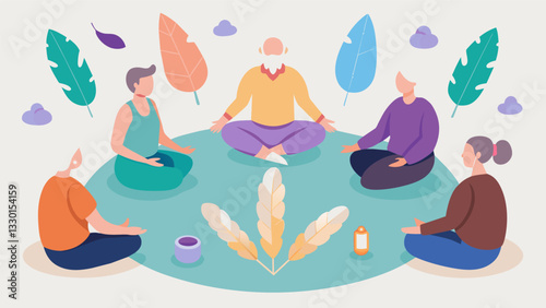 A group of seniors sit in a circle passing around objects such as stones feathers and crystals as the facilitator explains the meaning and benefits of each item in holistic. Vector illustration