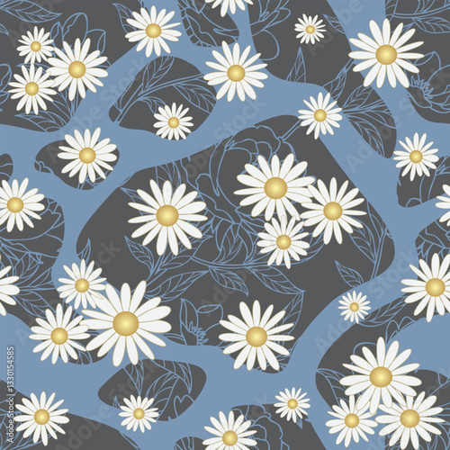 Stylized chamomiles seamless pattern, blue background. Seamless pattern background. Vector, illustration