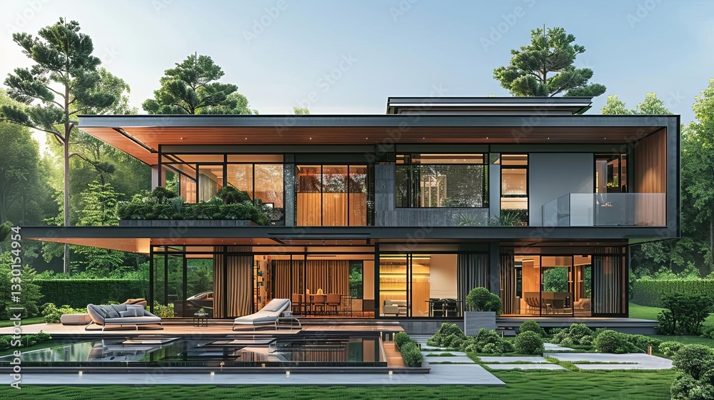 Fototapeta premium Stunning modern house design featuring a sparkling pool set against a beautiful urban landscape and clear sky