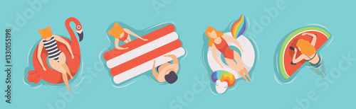 People Floating on Air Mattresses in Swimming Pool Vector Set