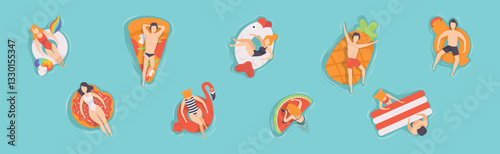 People Floating on Air Mattresses in Swimming Pool Vector Set