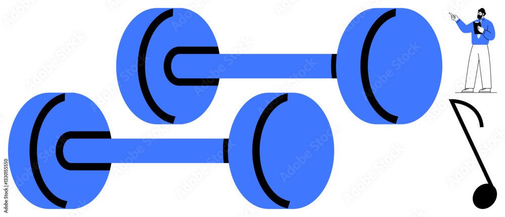 Dumbbells aligned with a trainer encouraging exercise, promoting strength, discipline, goal-setting, self-care, wellness, and fitness progress. Ideal for health motivation guidance. Flat simple Dumbbells aligned with a trainer encouraging exercise, promoting strength, discipline, goal-setting, self-care, wellness, and fitness progress. Ideal for health motivation guidance. Flat simple