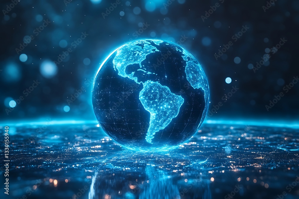 Obraz premium Glowing digital Earth globe on city lights.