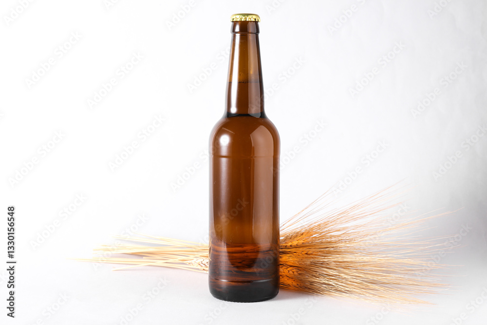 Fototapeta premium Bottle of beer with wheat ears on white background. Mockup for design
