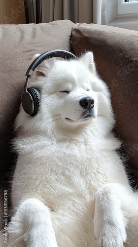 Samoyed Dog Enjoys Music with Stylish Headphones