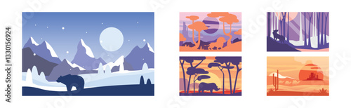Canvas Print Beautiful Scene of Nature, Peaceful Landscape with Wild Animals Vector Set