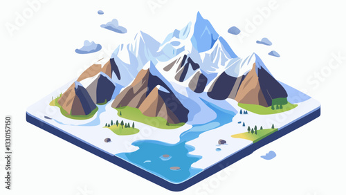 Denali National Park- Snow-Capped Peaks and River in Geometric Form