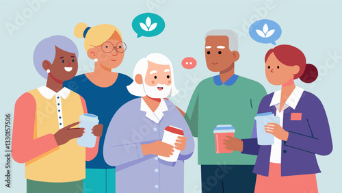 A group of seniors engaging in a lively discussion with a pharmacist about potential drug interactions and side effects.. Vector illustration