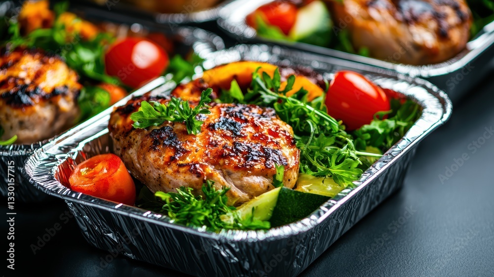 Homemade meal prep in disposable aluminum trays, stored in a refrigerator with soft lighting, ensuring freshness and easy reheating Homemade meal prep in disposable aluminum trays, stored in a refrigerator with soft lighting, ensuring freshness and easy reheating