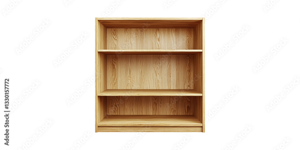 Wooden Bookshelf With Three Shelves. Minimalist Storage Solution For Home Or Office Isolated On Transparent Background Wooden Bookshelf With Three Shelves. Minimalist Storage Solution For Home Or Office Isolated On Transparent Background