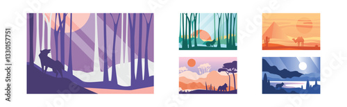 Canvas Print Beautiful Scene of Nature, Peaceful Landscape with Wild Animals Vector Set