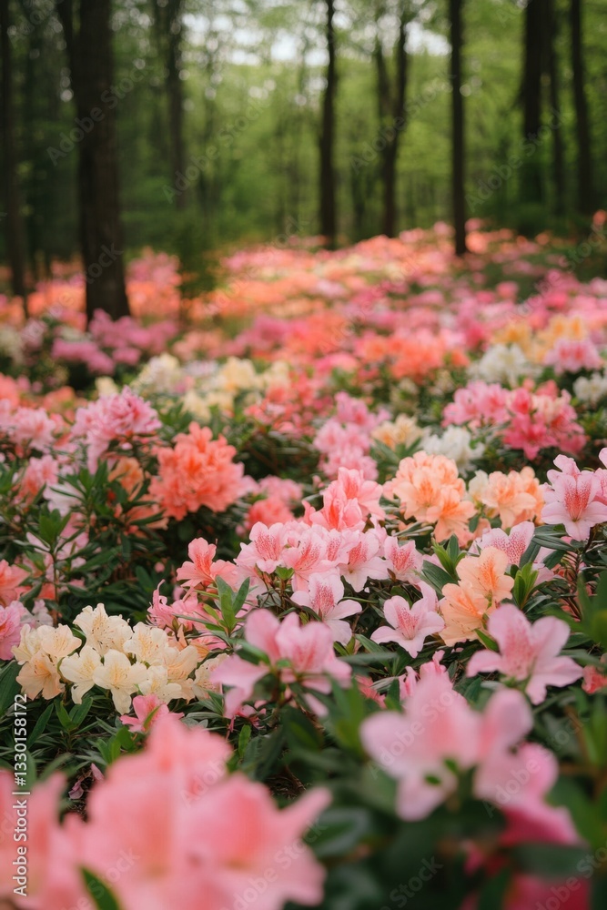 Obraz premium Field of colorful azalea flowers blooming in a green forest. Focus on pink petals, forest background. Spring floral nature scene.