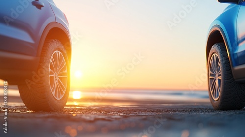 Vehicle tires on beach at sunset, two cars parked by shoreline, warm colors reflecting ocean, perfect for travel theme.