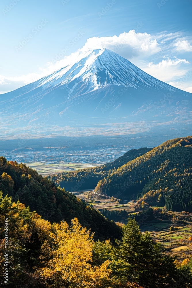 Snowy mountain peak view. Trees in autumn colors fill the foreground. Valley with a town extends towards the horizon under blue sky Snowy mountain peak view. Trees in autumn colors fill the foreground. Valley with a town extends towards the horizon under blue sky