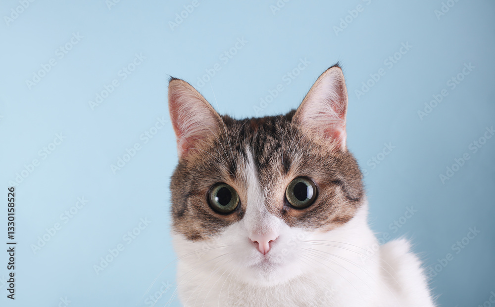 Obraz premium Portrait of a cute domestic cat on a blue background