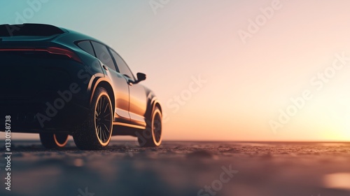 Sleek car parked on horizon, modern vehicle silhouette against sunset, adventure and travel theme with wide sky backdrop.