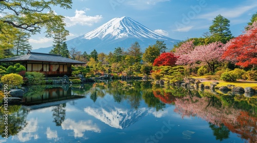 Snow capped mountain reflecting in a still lake surrounded by colorful trees and a traditional building under a bright blue sky