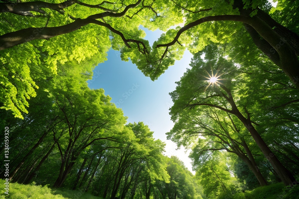 Fototapeta premium Serene Forest Canopy with Sunlight and Lush Green Trees