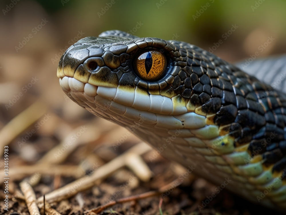 A Mesmerizing Snakes Gaze, Its Amber Eye Gleaming With Ancient Wisdom Amidst A Bed Of Earthy Tones And Blurred Natural Background A Mesmerizing Snakes Gaze, Its Amber Eye Gleaming With Ancient Wisdom Amidst A Bed Of Earthy Tones And Blurred Natural Background