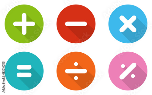 Set of mathematical icons with shadows. Set of math vector icons in different color isolated. Plus, minus, multiply, divide and equal sign symbol. Calculator math icons. Vector illustration.