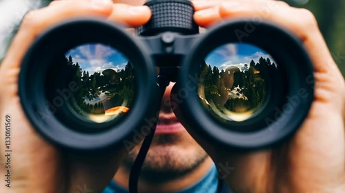 Exploring nature through binoculars in a scenic forest setting