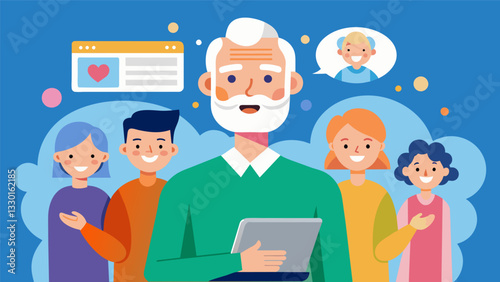A senior man beaming with pride as he shares his newly created blog with his family and friends excited to share his thoughts and experiences with the world.. Vector illustration