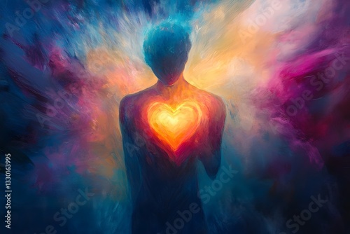 Glowing abstract human figure with a radiant heart