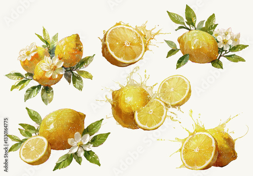 Lemon With Flower Clippart Lemon Juice Splash Watercolor Illustration