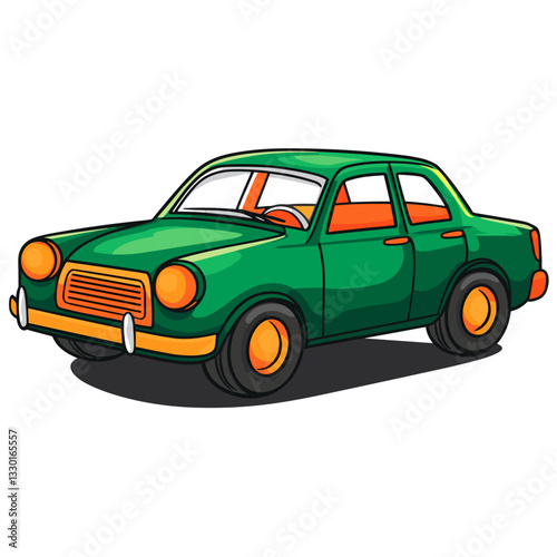 Illustrated classic green car with orange accents in vibrant colors